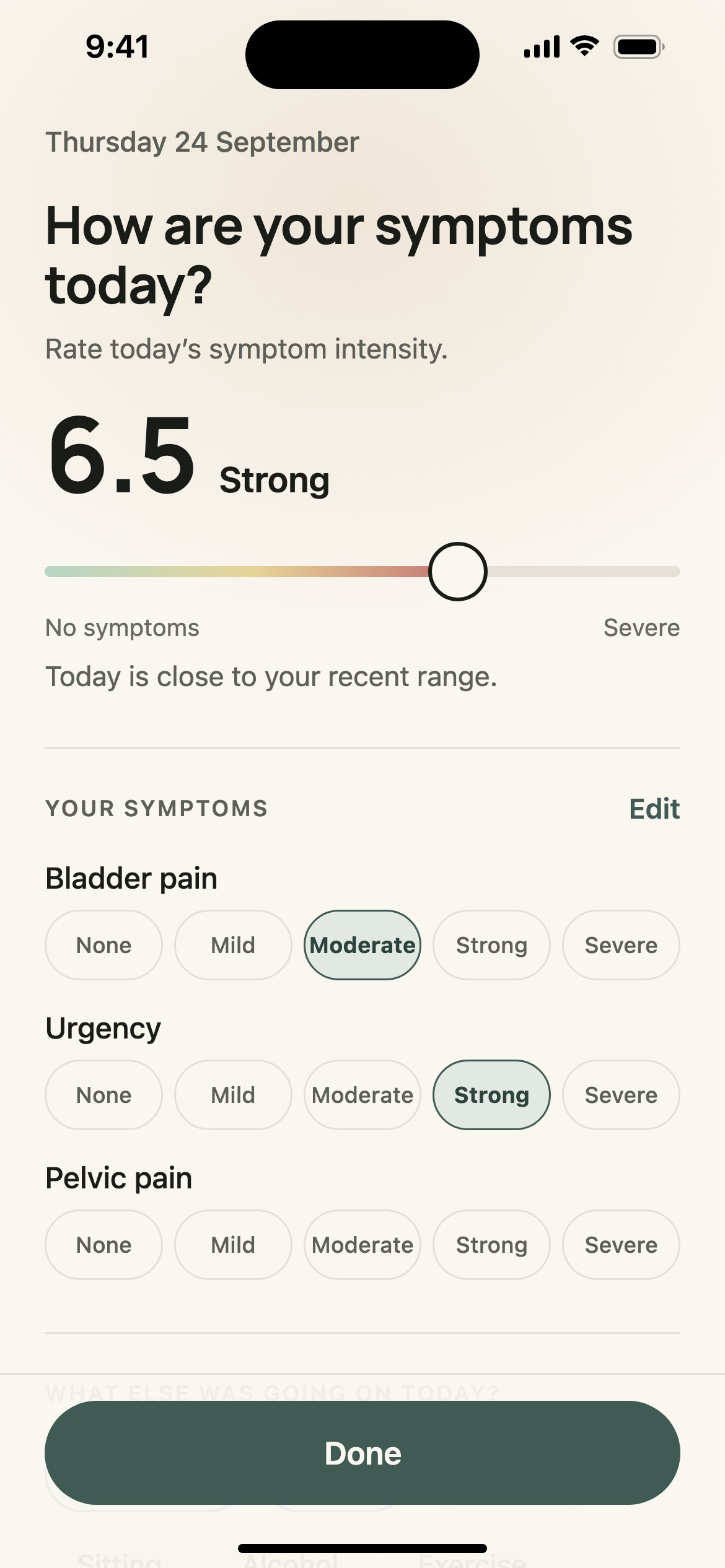 Daily log showing symptom intensity and individual symptom ratings