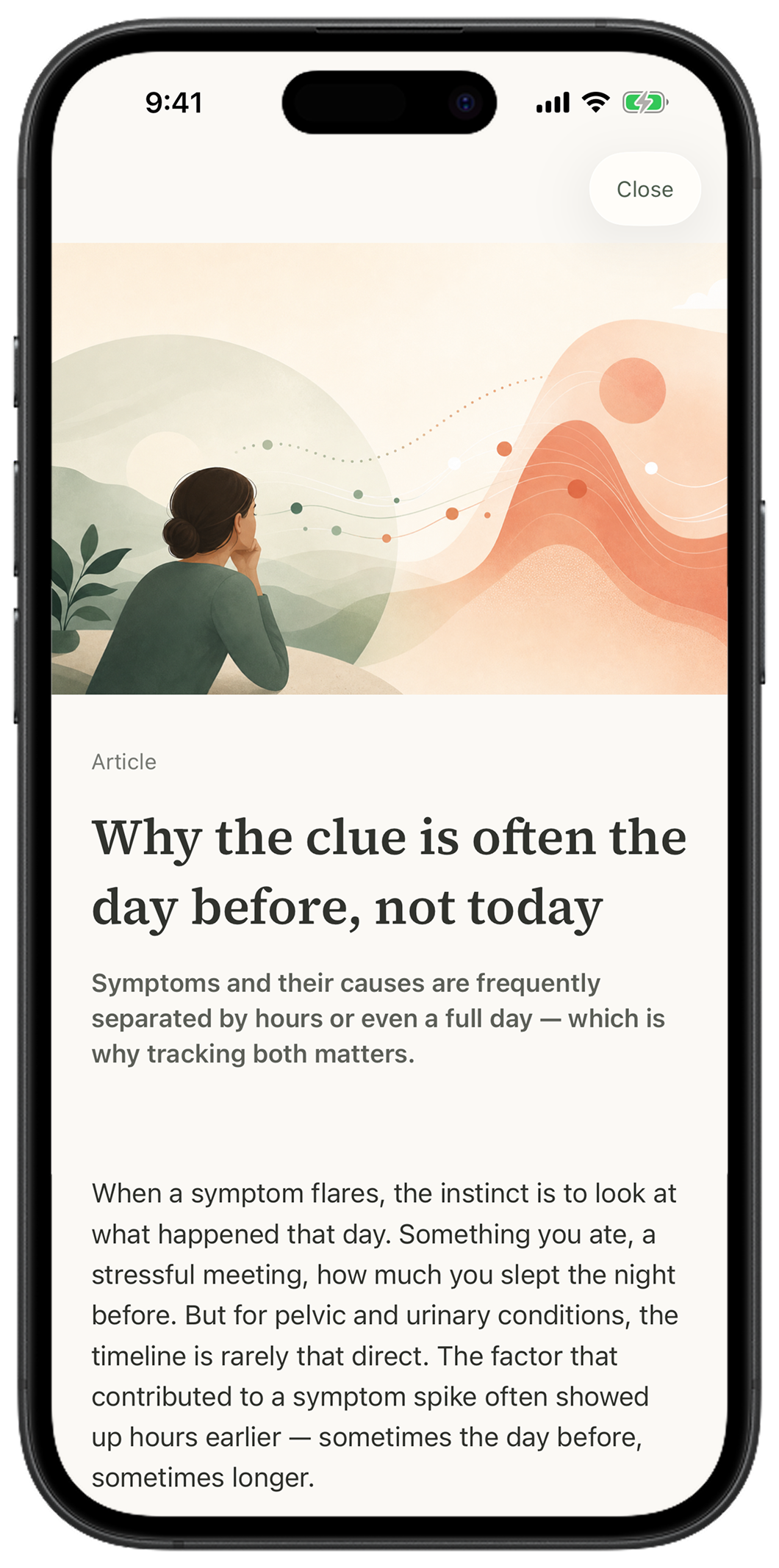 Intero article screen explaining symptom timing